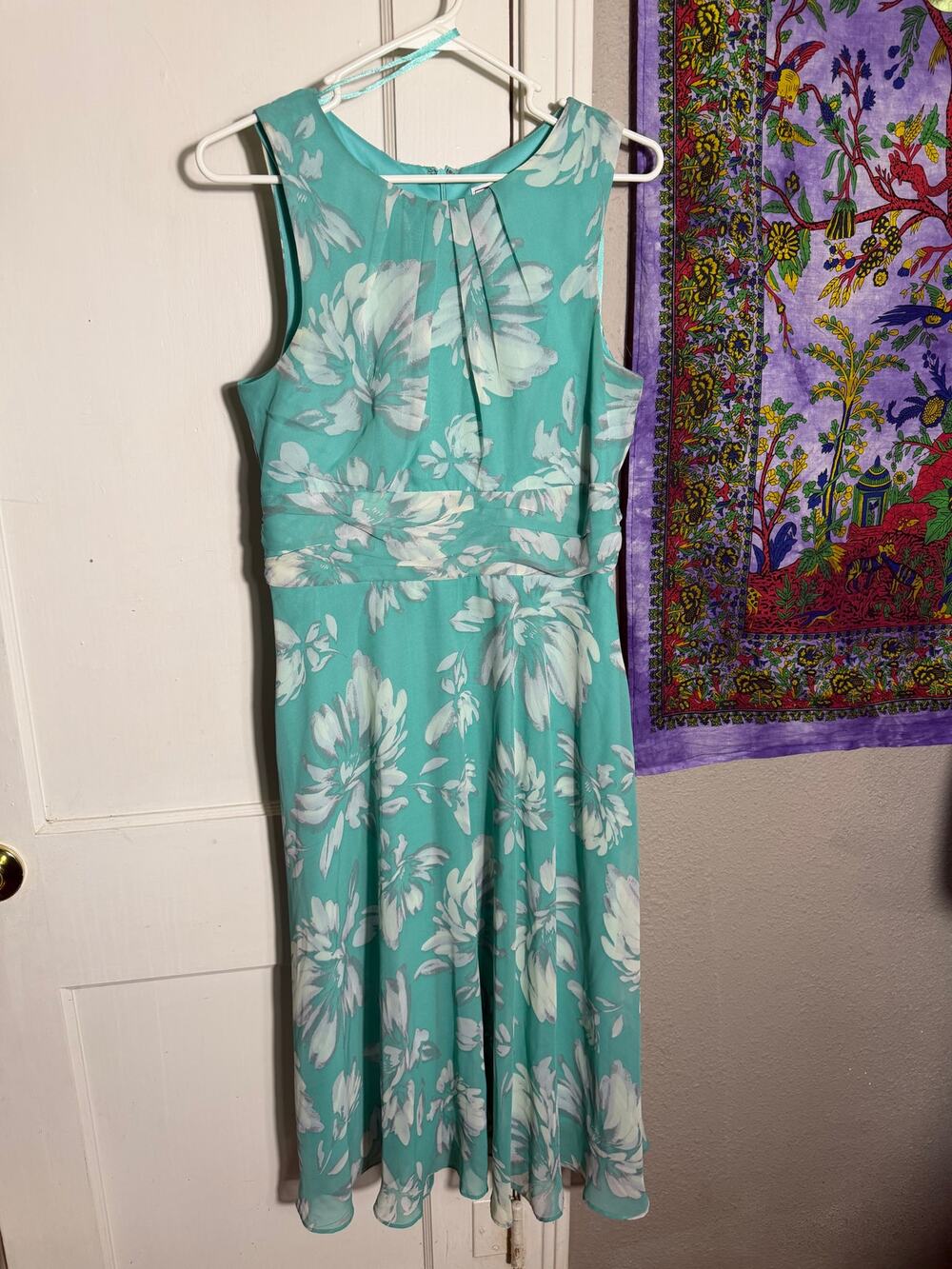 J Howard Aqua Floral Chiffon Midi Dress Sleeveless Garden Party - Size 6